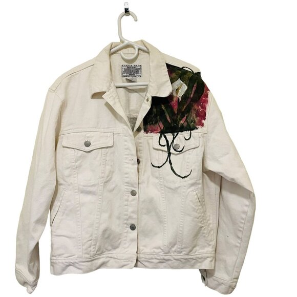 Vintage Jordache Jean Jacket Coat Hand Painted Floral Design White Size Large - Picture 7 of 11